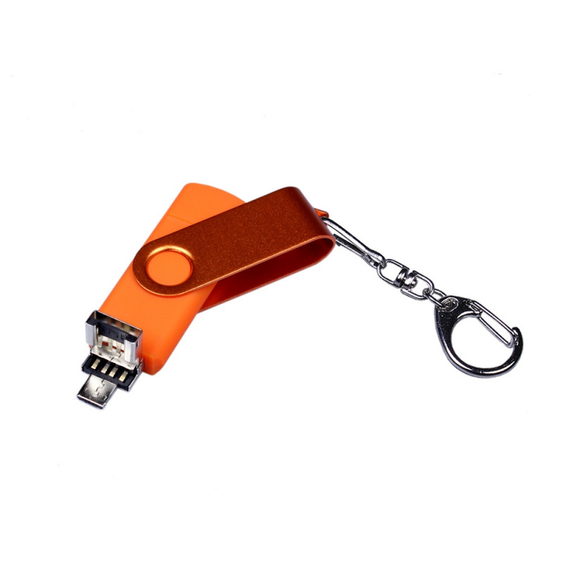 USB-флешка на 16 Гб 3 в 1 поворотный механизм, c двумя дополнительными разъемами MicroUSB и TypeC C с одноцветным металлическим клипом, оранжевый_2
