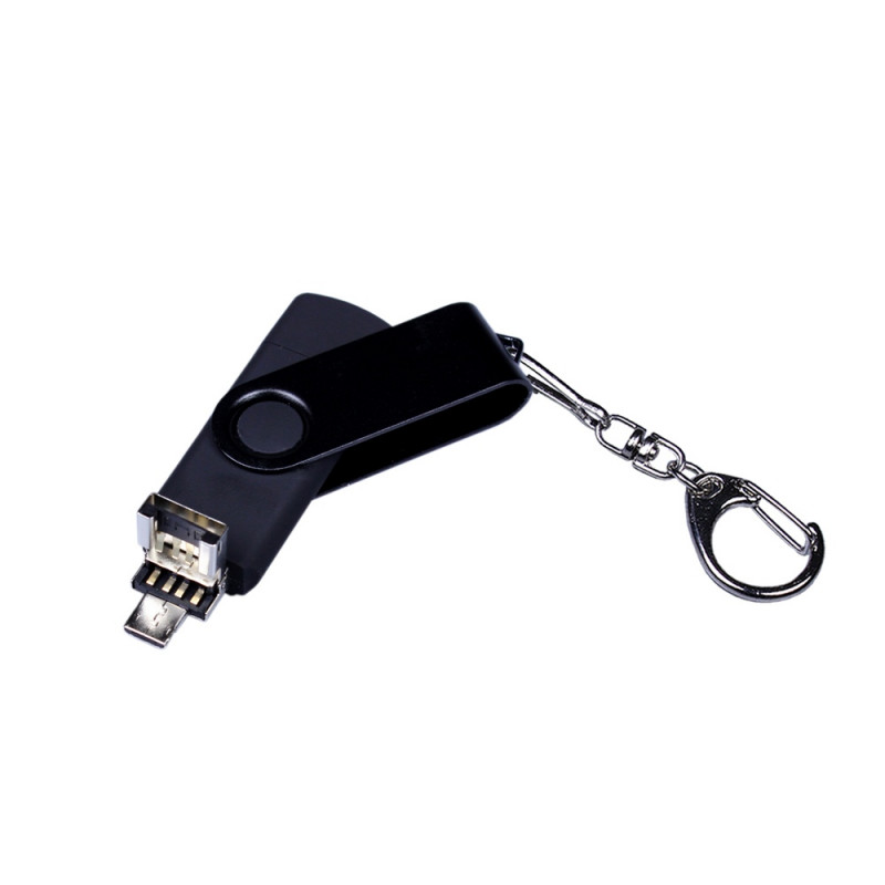 USB-флешка на 16 Гб 3 в 1 поворотный механизм, c двумя дополнительными разъемами MicroUSB и TypeC C с одноцветным металлическим клипом, черный_2