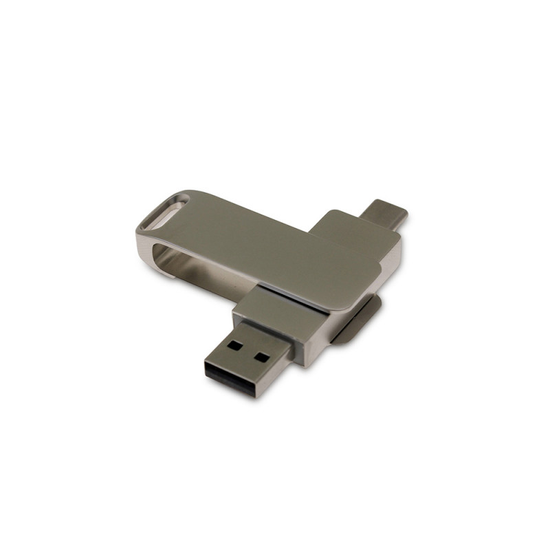USB 2.0- флешка на 128 Гб поворотный механизм 2 в 1, c дополнительным разъемом Type-C с одноцветным металлическим клипом, серый