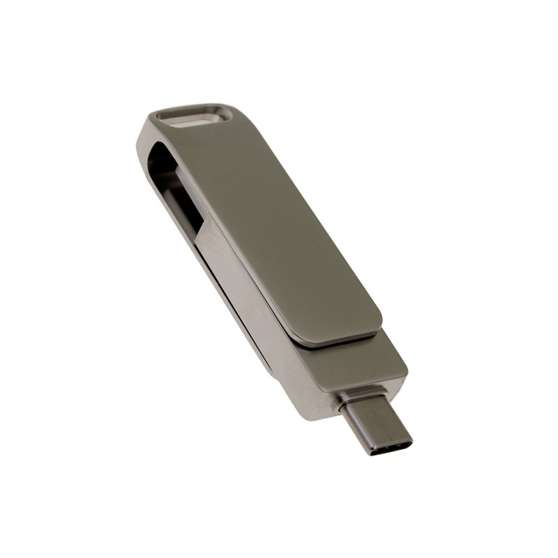 USB 2.0- флешка на 64 Гб поворотный механизм 2 в 1, c дополнительным разъемом Type-C с одноцветным металлическим клипом, серый_1