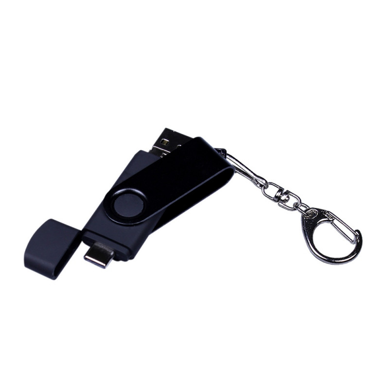 USB-флешка на 16 Гб 3 в 1 поворотный механизм, c двумя дополнительными разъемами MicroUSB и TypeC C с одноцветным металлическим клипом, черный_3