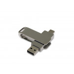 USB 2.0- флешка на 32 Гб поворотный механизм 2 в 1, c дополнительным разъемом Type-C с одноцветным металлическим клипом, серебристый