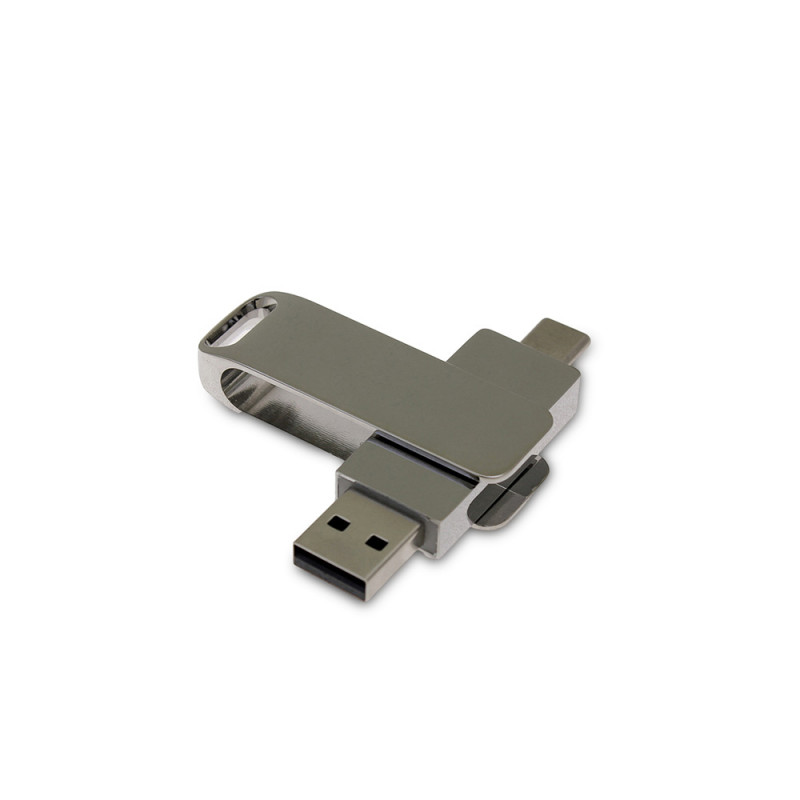 USB 2.0- флешка на 64 Гб поворотный механизм 2 в 1, c дополнительным разъемом Type-C с одноцветным металлическим клипом, серебристый