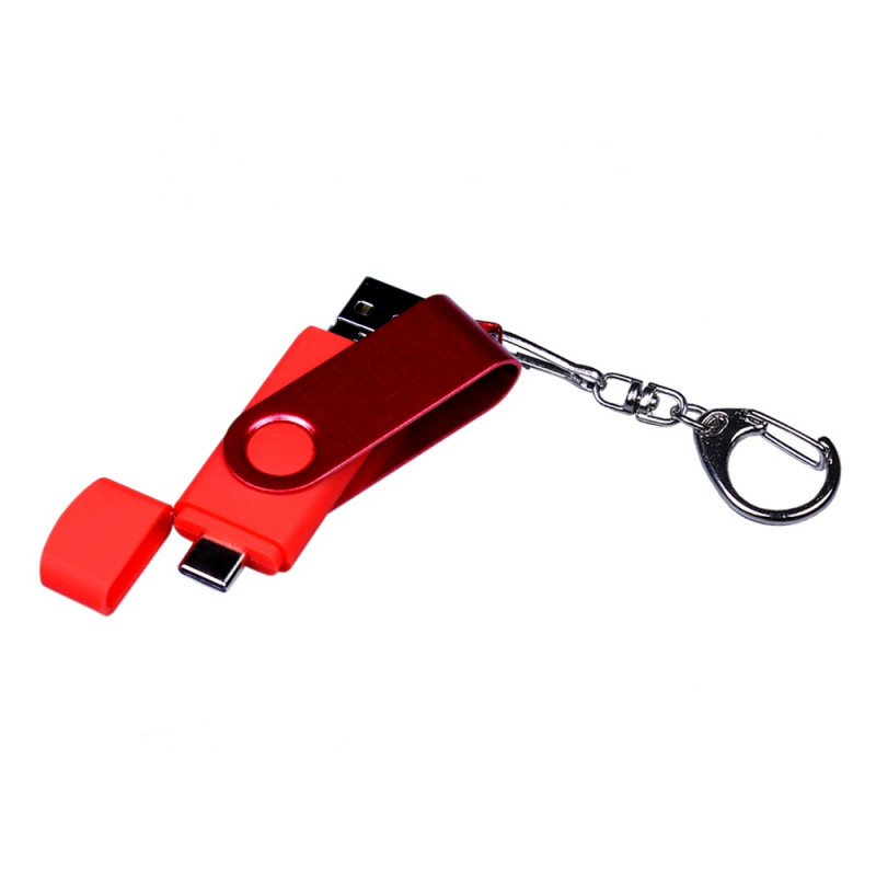 USB-флешка на 16 Гб 3 в 1 поворотный механизм, c двумя дополнительными разъемами MicroUSB и TypeC C с одноцветным металлическим клипом, красный_1
