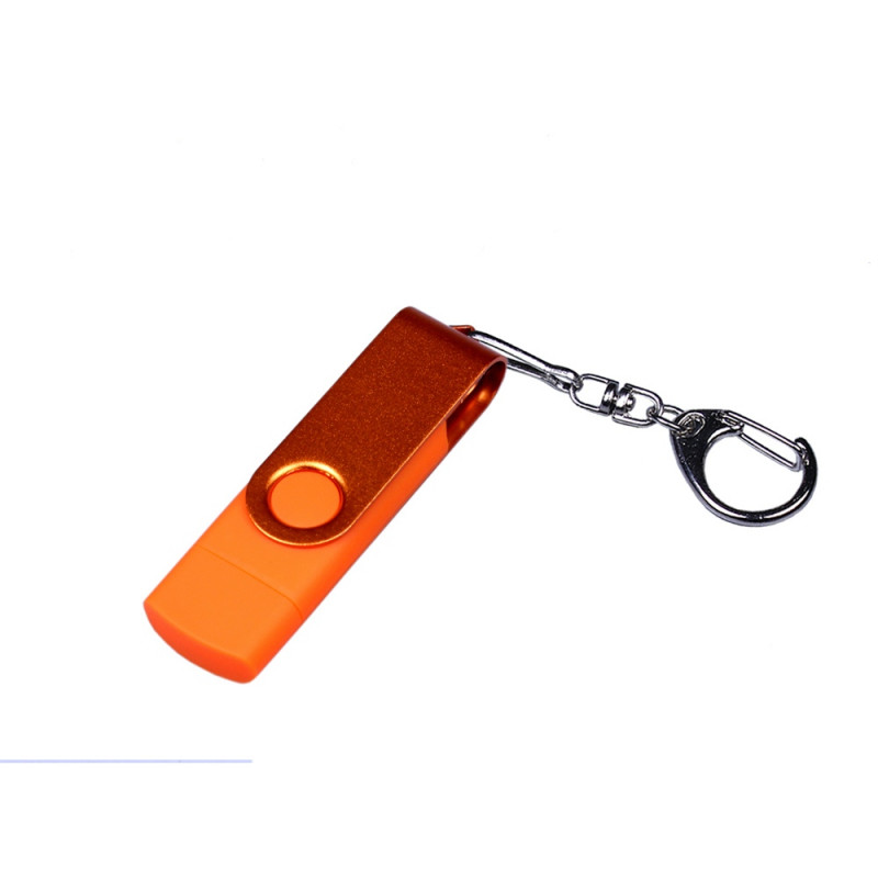USB-флешка на 16 Гб 3 в 1 поворотный механизм, c двумя дополнительными разъемами MicroUSB и TypeC C с одноцветным металлическим клипом, оранжевый