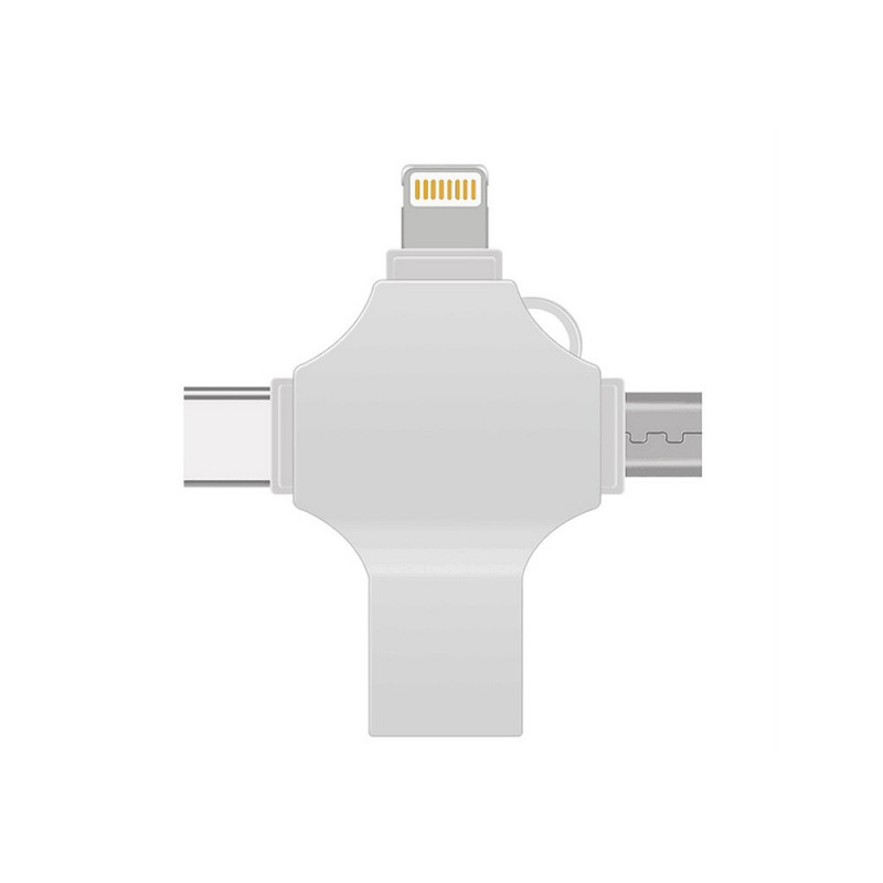 USB-флешка на 128 Гб 4 в 1 поворотный механизм, c дополнительными разъемами MicroUSB, TypeC и Lightning, серебристый_2