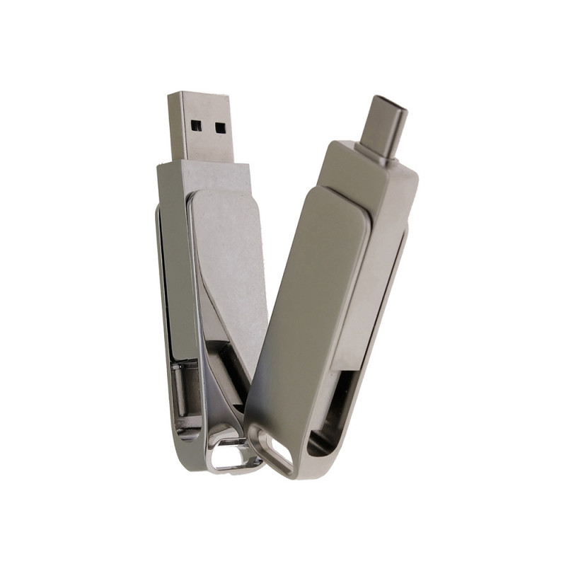 USB 2.0- флешка на 128 Гб поворотный механизм 2 в 1, c дополнительным разъемом Type-C с одноцветным металлическим клипом, серый_4