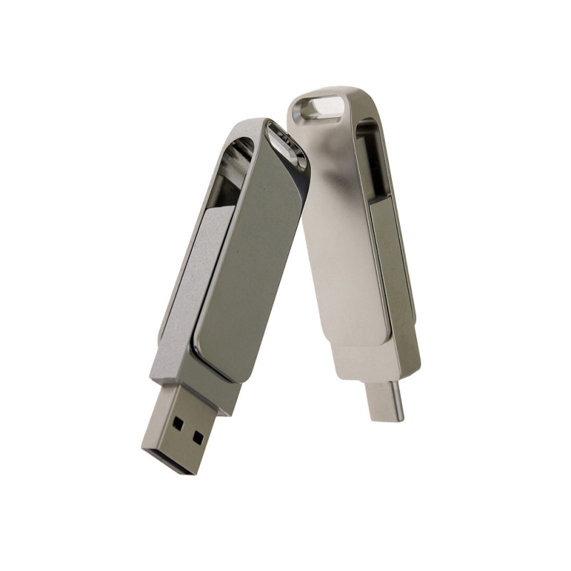 USB 3.0- флешка на 128 Гб поворотный механизм 2 в 1, c дополнительным разъемом Type-C с одноцветным металлическим клипом, серый_3