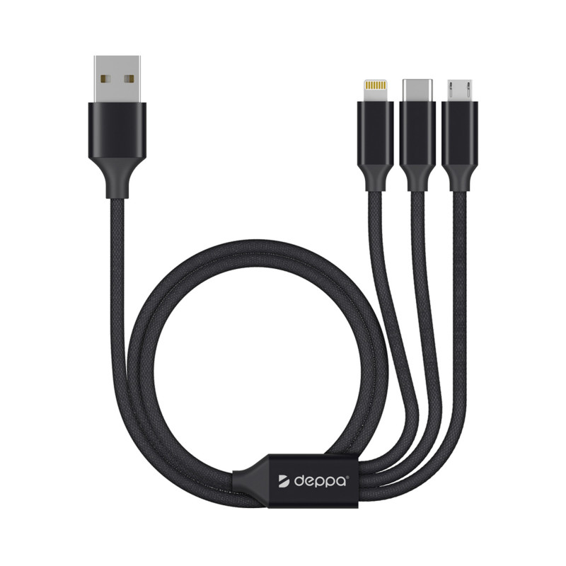 Дата-кабель 3 в 1: micro USB, USB-C, Ligthning, алюминий, 1.2м, черный, Deppa_1