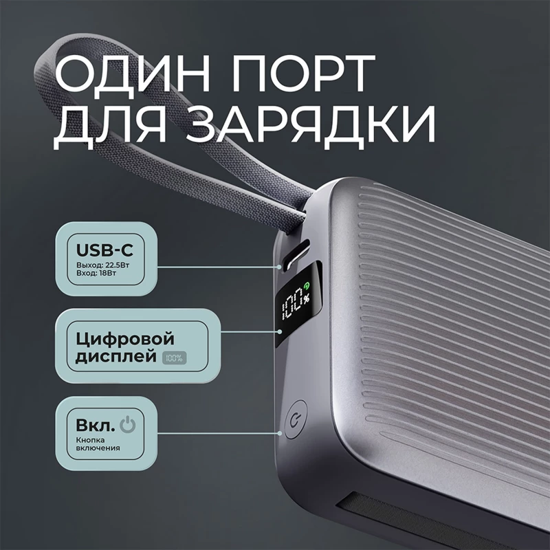 Внешний АКБ NRG Turbo Cable 10000 mAh, 22,5Вт, графит, Deppa, фото 5