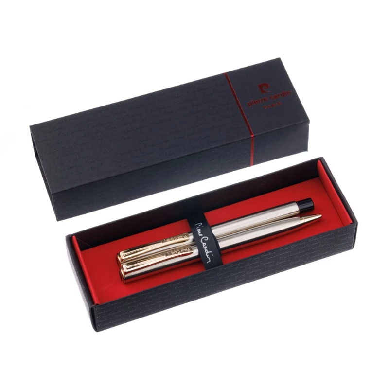 Набор Pierre Cardin коллекция «ПАРА (PEN&PEN)» : ручка шариковая + роллер, корпус - латунь. Отделка - стальное матовое покрытие. Детали дизайна - позолота. Цвет - стальной., фото 4