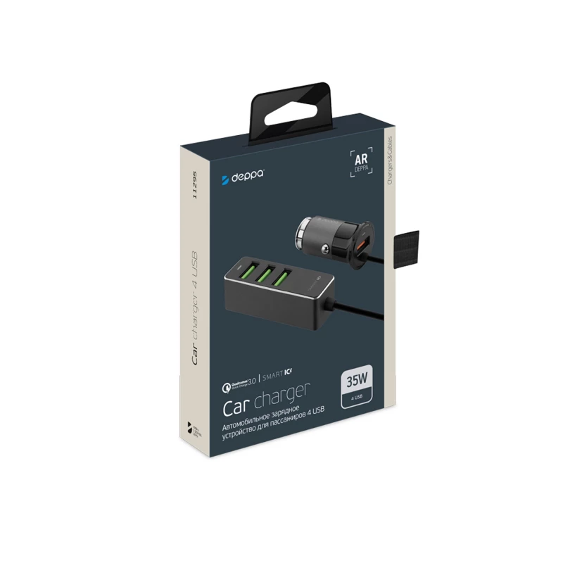 АЗУ 1 USB + 3 USB для пассажиров, QC 3.0, 7А, алюминий, графит, Deppa, фото 6