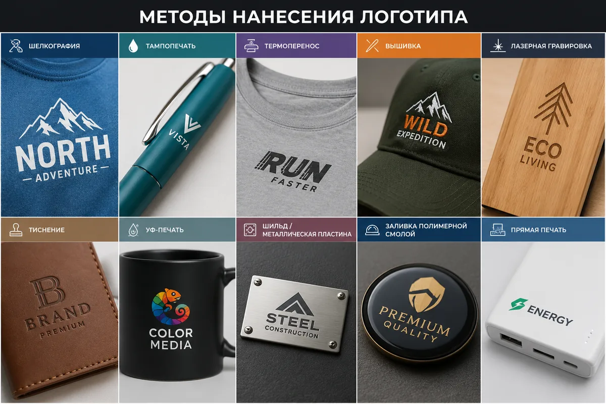 коллаж с примерами разных методов нанесения логотипа на продукцию