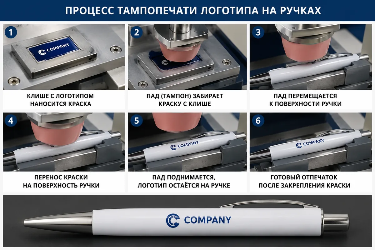процесс тампопечати логотипа на ручках