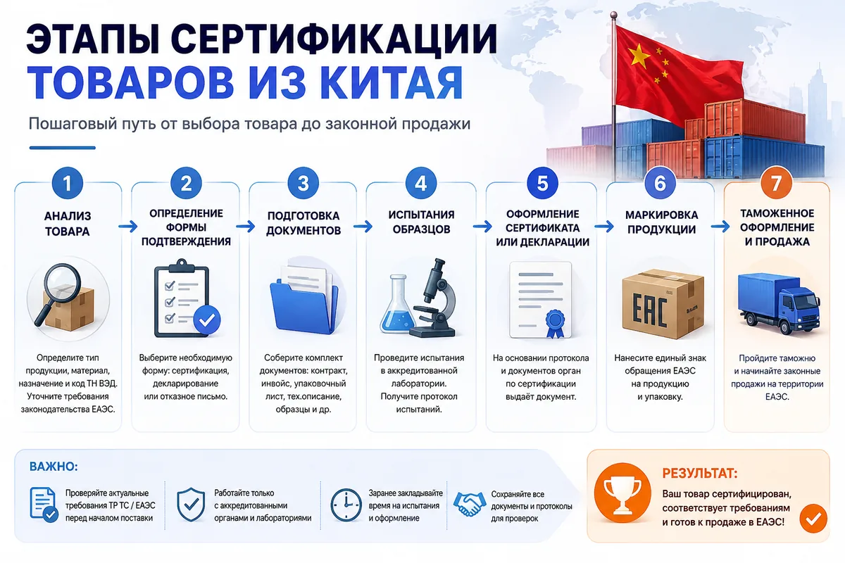 инфографика этапы сертификации товаров из Китая