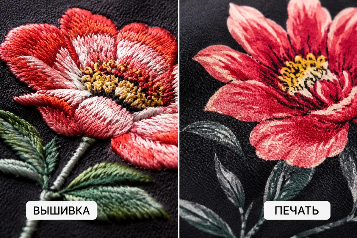 сравнение вышивки и печати на ткани крупным планом