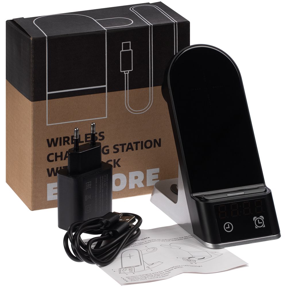 Зарядная станция с часами E-Store для смартфона, часов и наушников, черная_8